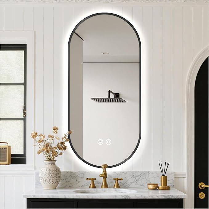 24" x 36" Black Oval LED Bathroom Mirror with Lights, Backlit Mirror, Anti-Fog, 2700K/4000K/6500K, Stepless Dimmable, Wall Mounted Vanity Mirror with Black Aluminum Frame, CRI≥93