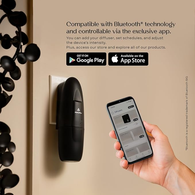 AromaPlan 5 Star Collection Plug in Diffuser (Fragrances+Sample Set Included)-Cold Air & Waterless Diffusers for Home & Office- Silent Wall Diffuser Plug in, Bluetooth App Control, 1000 sq. Ft (Black)