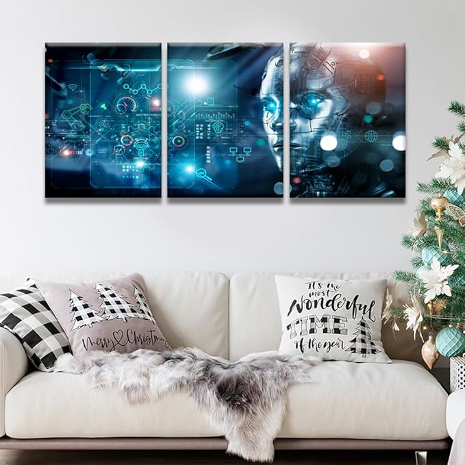 Framed Wall Art Modern Canvas Wall Art 3 Panels Machine Learning, Data Exchange, Industry 4.0 Posters Pictures Print on Canvas for Living Room Bedroom Wall Decoration, 12x16inchx3