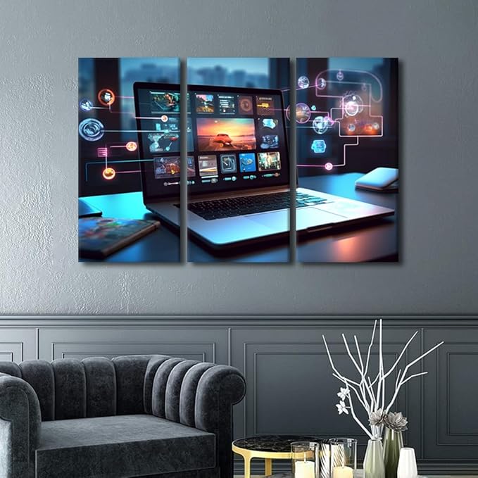 3 Panels Large Wall Art Digital Collaboration Tools Pictures Print on Canvas for Living Room Bedroom Wall Decoration, Stretched Framed Gallery-Wrapped Ready to Hang, 60" Wx40 H