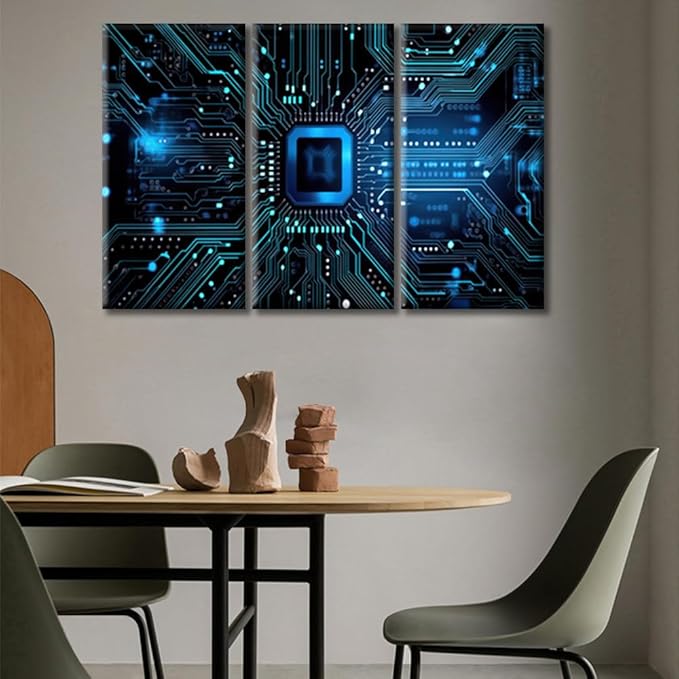 Artificial Intelligence Concept Wall Art Blue Circuit Board Pictures Bedroom Living Room 3 Piece Framed Modern Pictures Canvas Prints Artwork for Wall Decor Bathroom Office Decorations, (36"Wx24"H)