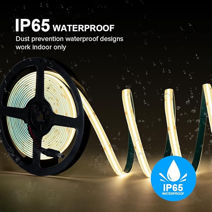 16.4FT COB LED Strip Light IP65 Waterproof DC12V 4000K Natural White Dimmable Strips, 320LEDs/m High Density Flexible Uniform Lights for DIY Home Decor, Cabinet, No Adapter/Controller