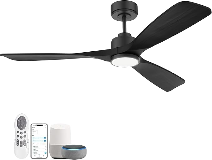 52 Inch Wood Smart Ceiling Fans with Lights Remote,Voice Control via WIFI Alexa App,Quiet DC Motor,Outdoor Indoor Ceiling Fan,Dimmable,Modern Black Lighting & Ceiling Fan for Bedroom Patio Porch