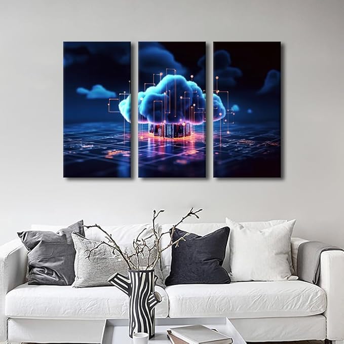 TUMOVO 3 Panel Modern Wall Art Cyber Security and Data Protection Concept Print on Canvas Wall Art for Living Room Bedroom Decoration Cloud Networking Artwork Framed Ready to Hang, 36" Wx24 H
