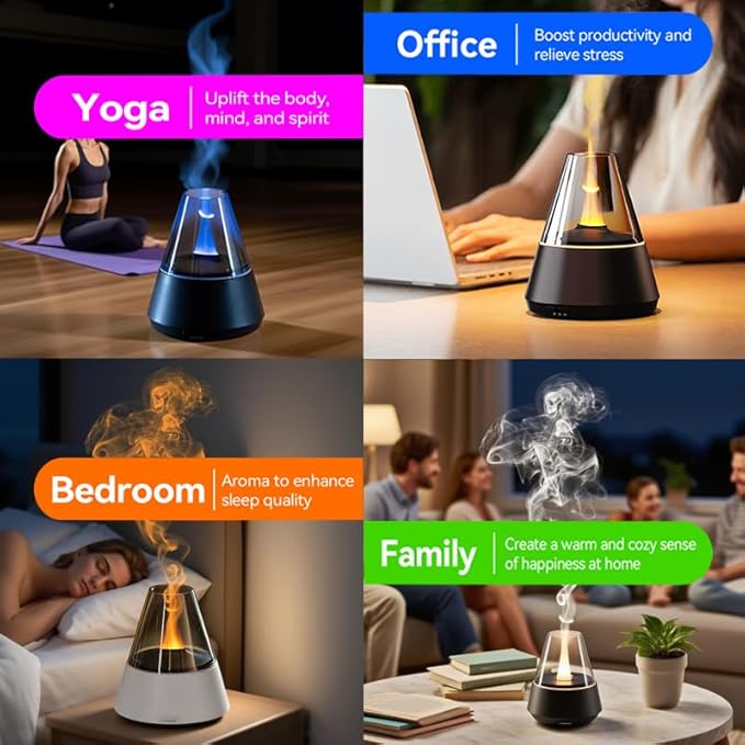 Flame humidifier,Flame Aroma Diffuser, 120ml Flame Humidifier, Essential Oil Aromatherapy Diffuser with 7-Color Changing LED Lights, Waterless Auto Shut-Off, Ideal for Home, Office, Bedroom (Black)