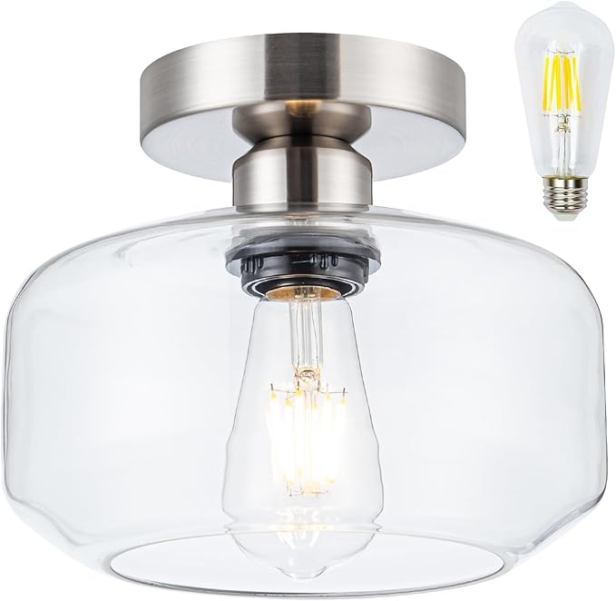 Tbaoinal Semi Flush Mount Ceiling Light Clear Glass Shade Matal Base, Inclede LED Bulb, Low-Profile for Kitchen/Hallway/Entryway/Bathroom, Silver