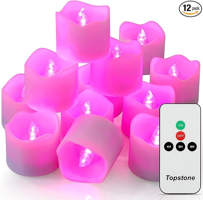 Topstone Remote Control Flameless LED Votive Candles with Timer, CR2450 Battery Powered, Electric Tea Lights for Seasonal and Festival Decoration, Pink Light, 12 pcs