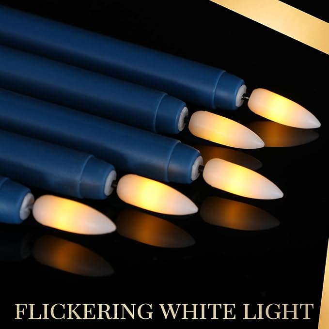 Macarrie 24 Packs Flameless Taper Candles Battery Operated Fake 11 Inch Long Candlelight LED Flameless Candlesticks Flickering Tapered for Spring Summer Wedding(Blue)