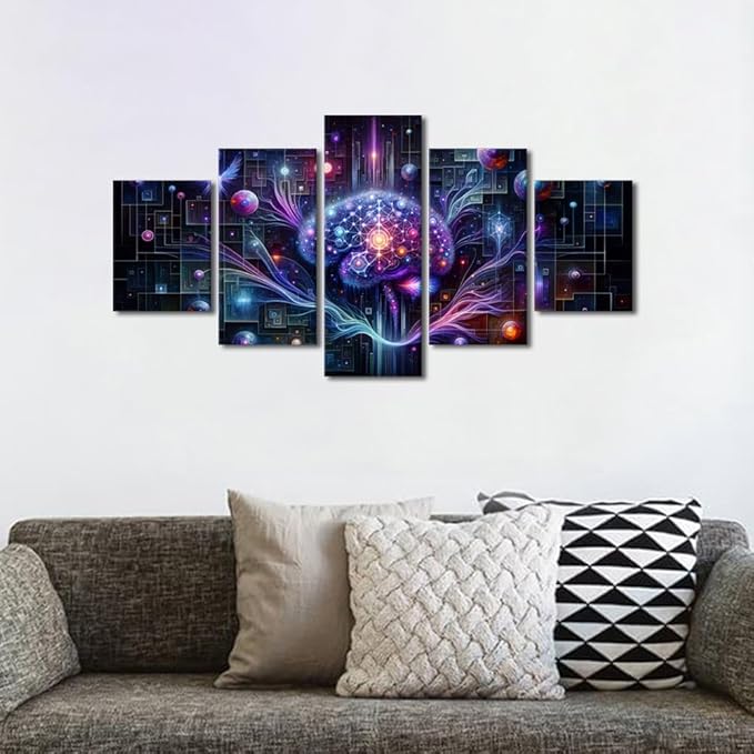 5 Panel Neural Network Wall Art for Bedroom Futuristic Technology Wall Decor for Living Room AI Print Artwork Canvas House Wall Decoration Framed Artwork for Walls 60" Wx32 H