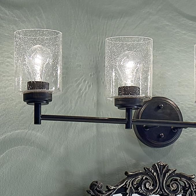 Kichler Winslow 30" 4-Light Vanity Light in a Rich Black with Clear Seeded Glass for Bathroom and Powder Room Vanity, Luxe Industrial Style, (30" x 9.25"), 45887BK