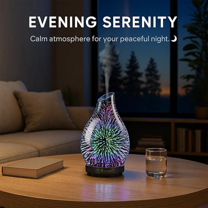 Essential Oil Diffuser & Essential Oils Set, Glass Aromatherapy Diffuser with 7 LED Colors, 6 Oils Gift Pack (Clean Home, Peppermint, Blossom Soapy, Soft Powder, Fresh Cotton, Fresh Linen)