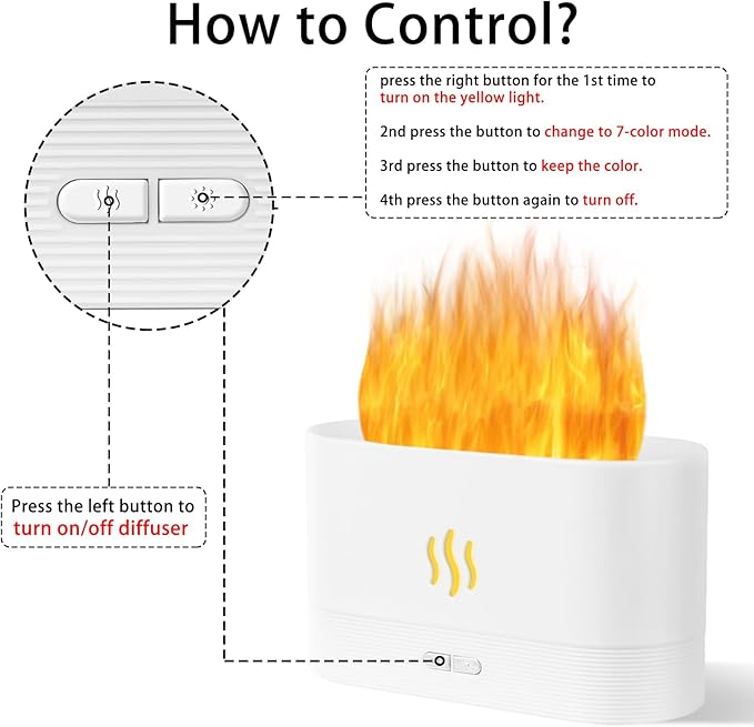 Flame Diffuser Humidifier-Auto Off 180ml Essential Oil Diffuser-2 Modes Brightness Aroma Humidifier with Fire Flame Effect for Home,Office,Spa,Gym (White)