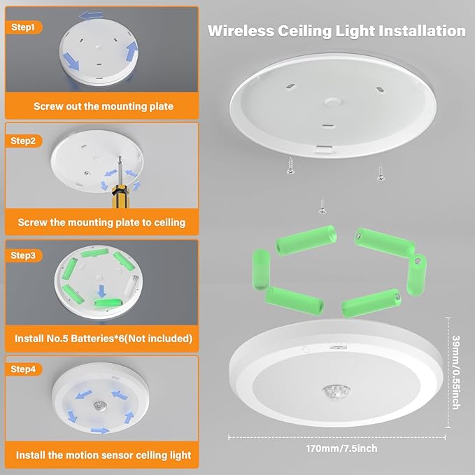 Battery Operated Motion Sensor Ceiling Light with Remote, 3 Color, Dimmable, Wireless LED Battery Powered Closet Light, for Closet Doorway Stairs Hallway Bathroom, 1 Packs(Battery Not Included)
