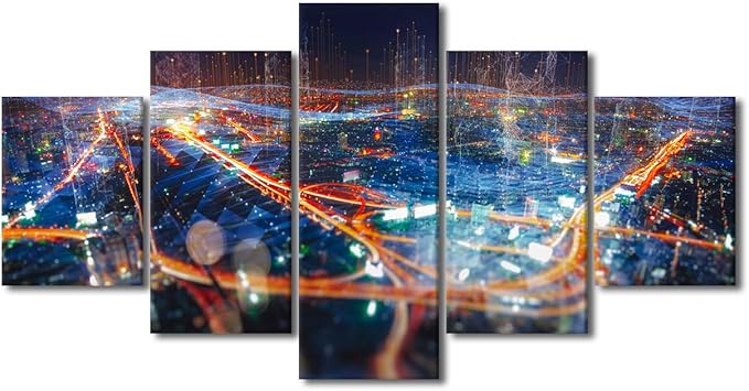 Rebotipy 5 Panel Canvas Wall Art Connection Concept Picture Printing Futuristic Communication Poster Communication Company Meeting Room Decoration Big Data Worker Living Room Decor Artwork 60x32 Inch