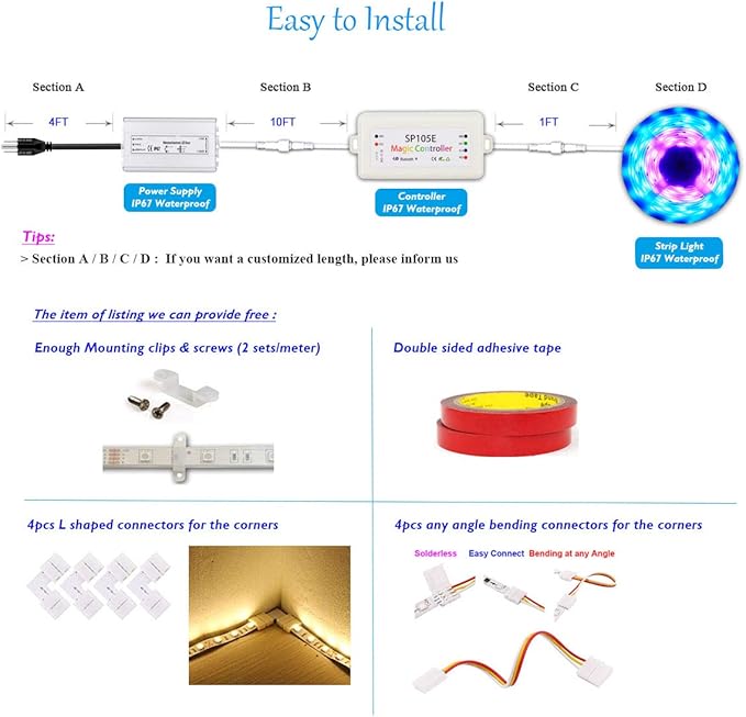 35FT Roll Chasing Effect WS2811 Pixels 24V SMD 5050 Waterproof LED Strip Light Magic Dream Color Addressable with Bluetooth Controller and Power Supply