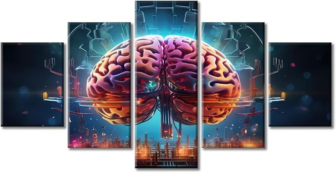 Abstract Brain Pictures Wall Art Decor Painting on Canvas Smart Brain Pictures for Home Walls Futuristic Technology Office Framed Modern Artwork for Living Room Bedroom, (60" Wx32 H)