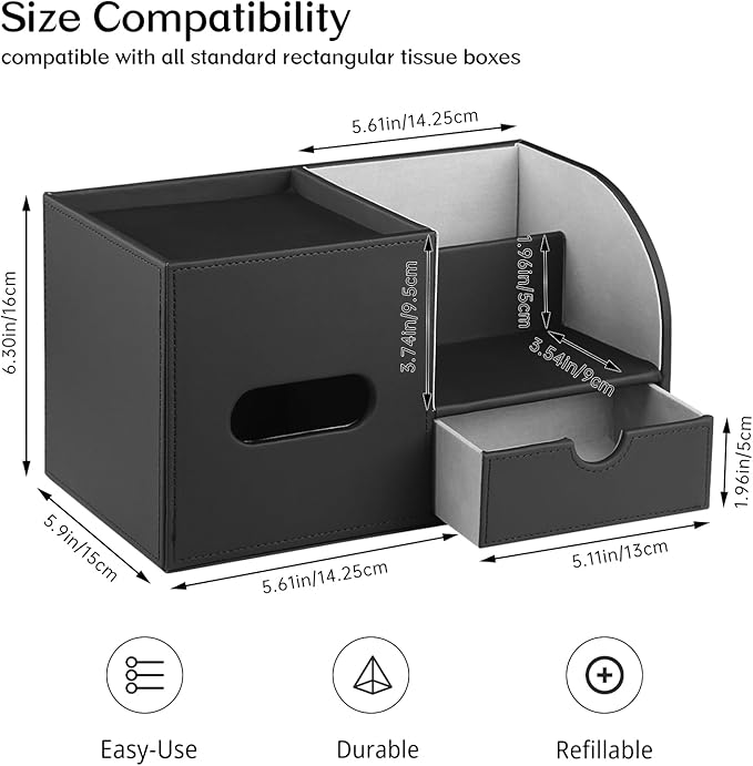 Leather Nightstand Organizer with Tissue Holder,Square Tissue Box Cover with Organizer, Decorative Modern Facial Paper Storage Box for Bathroom Living Room Vanity Table Countertop Office Black