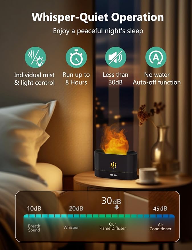 Essential Oil Diffuser, Air Humidifier with Flame Led Light - 7 Colors, 180mL Capacity (8 Hours), Noiseless Operation, Auto-Off Protection - Perfect for Home Bedroom Office Gifts(Black)