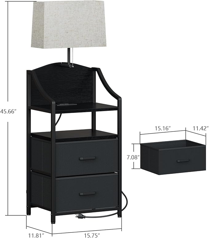 Evermagin 45" Tall Nightstands Set of 2 with Light, Nightstand with Charging Station, USB Ports and Outlets, Bedside Table End Table with 2 Fabric Drawers for Bedroom, Dorm, Black