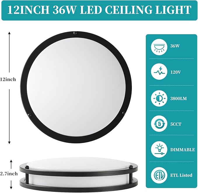12Inch 3800LM Flush Mount LED Ceiling Light Fixtures, 36W, Black, Dimmable, Color Temperature Changeable, Suitable for Kitchen, Bathroom, Bedroom, Living Room, Dining Room