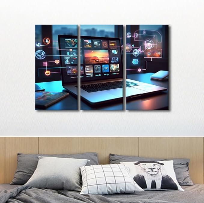 Wall Pictures for Living Room 3 Panels Digital Collaboration Tools Concepts Pictures Poster for Home Wall Decorations, Wooden Framed Gallery-Wrapped Ready to Hang, 42" Wx28 H
