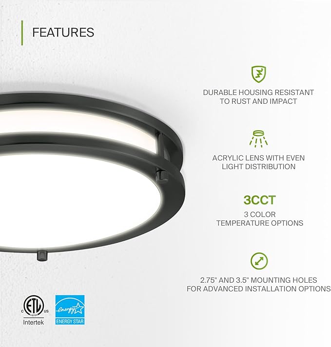 ASD LED 12" Round Flush Mount Lighting, Close to Ceiling Light Fixture | 3CCT, Dimmable, Energy Star, ETL Listed | 20W 1532LM 3000-5000K 120V | Low Profile Double Ring Lamp | Black