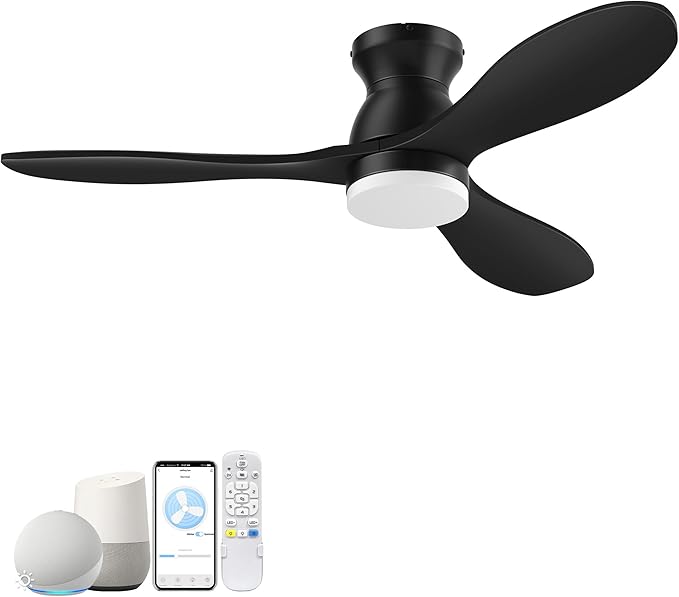 42" Smart Wood Ceiling Fans with Lights,Flush Mount Ceiling Fan with Remote,Alexa,APP,Quiet DC Motor,Modern Low Profile Fan for Bedroom,Living Room,Patio,Outdoor Indoor Use,Black,Dimmable,6 Speed