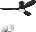 42" Smart Wood Ceiling Fans with Lights,Flush Mount Ceiling Fan with Remote,Alexa,APP,Quiet DC Motor,Modern Low Profile Fan for Bedroom,Living Room,Patio,Outdoor Indoor Use,Black,Dimmable,6 Speed