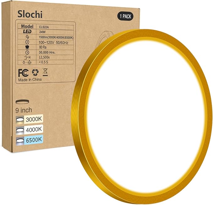 slochi 1Pack LED Flush Mount Ceiling Light Fixture, 9 Inch Light Fixture, 3000K-4000K-6500K Round Flat Bedroom Lights, Closet Round Surface for Bathroom Laundry Bedroom Hallway