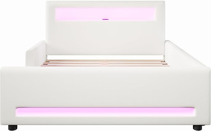 MERITLINE Full Size Upholstered Platform Bed with Drawer, App-Controlled RGB LED Light Strip & USB Port, PU Fabric Storage Bed (White) | LED light, Storage Drawer