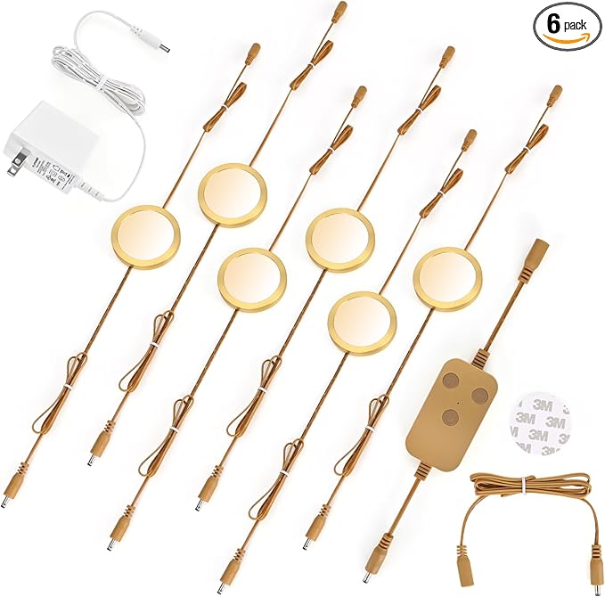 6pack LED Puck Light Kit, 2700-6000K Smart Round Under Cabinet Lighting with APP Control, Compatible with Alexa, Google Assistant, for Under Counter, Kitchen (Gold)
