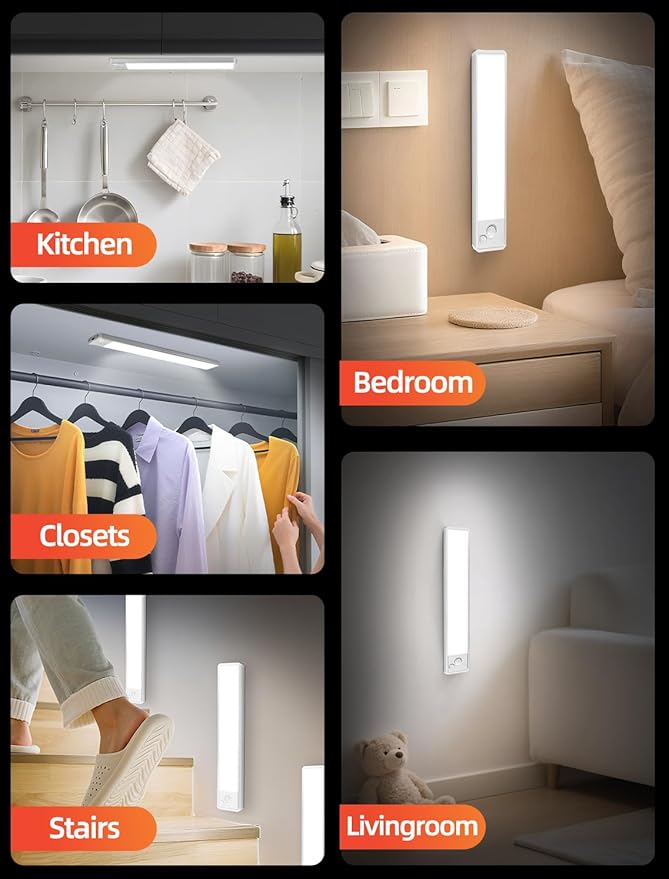 Under Cabinet Motion Sensor Lighting: 12 Inch Dimmable Rechargeable Lights Indoor - Battery Operated Lights - Undercabinet Closet Light Magnetic Led Light for Kitchen Home Bathroom Counter 5 Pack