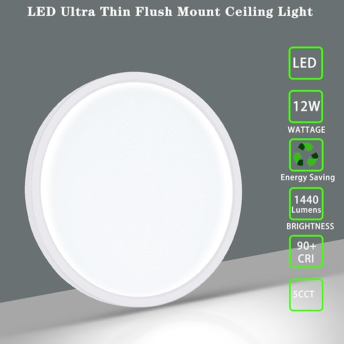 LED Flush Mount Ceiling Light , Super Slim 12W 7Inch 3000K/3500K/4500K/5000K/6500K 5 Color Changeable 1440LM Low Profile White Ceiling Light for Bedroom, Living Room, Dining Room, Hallway, Pack of 2