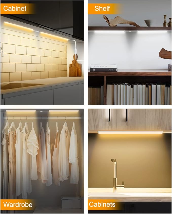 Daymeet Dimmable 12 Inch Ultra Thin Under Cabinet Lighting, Under Cabinet Lights Plug in, Multi-Color Super Bright LED Lights Bar Under Counter Lights Indoor for Kitchen, Shelf, Closet, Desk (3 Pack)