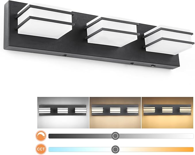 3 Color Temperature Dimmable Bathroom Light Fixtures Over Mirror, LED Black 3 Light Vanity Lighting Fixtures, Acrylic Stainless Steel Square Shade Vanity Lights for Bathroom, ETL Certificated