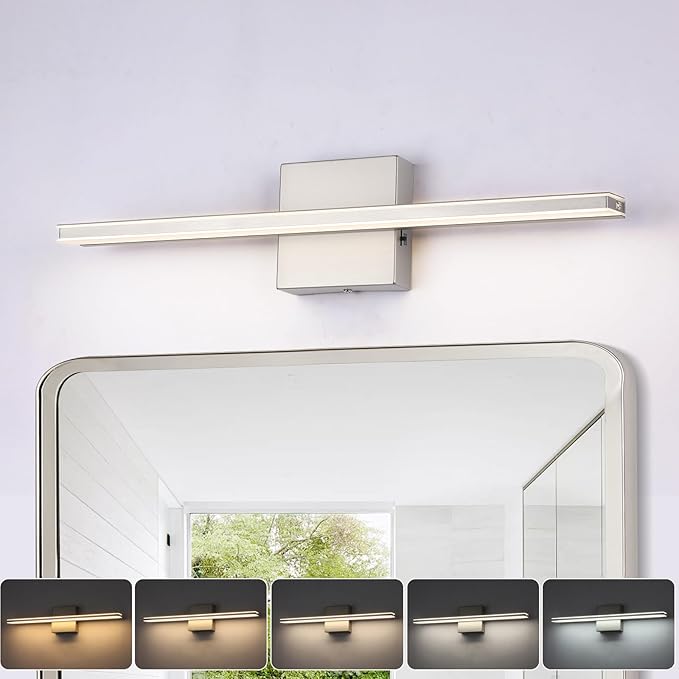 16W LED Vanity Light Bar, 19.6-Inch Brushed Nickel Bathroom Fixture, 5CCT Color Changeable & Dimmable Over-Mirror Lighting