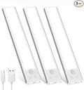 3 Pack Under Cabinet Lights, 32 LED Cold White Rechargeable Under Cabinet Lighting Motion Sensor LED Lights for Kitchen, Counter, Closet, Stairs (Silver - Cold White Light, 8.07 Inch - 3 Pack)