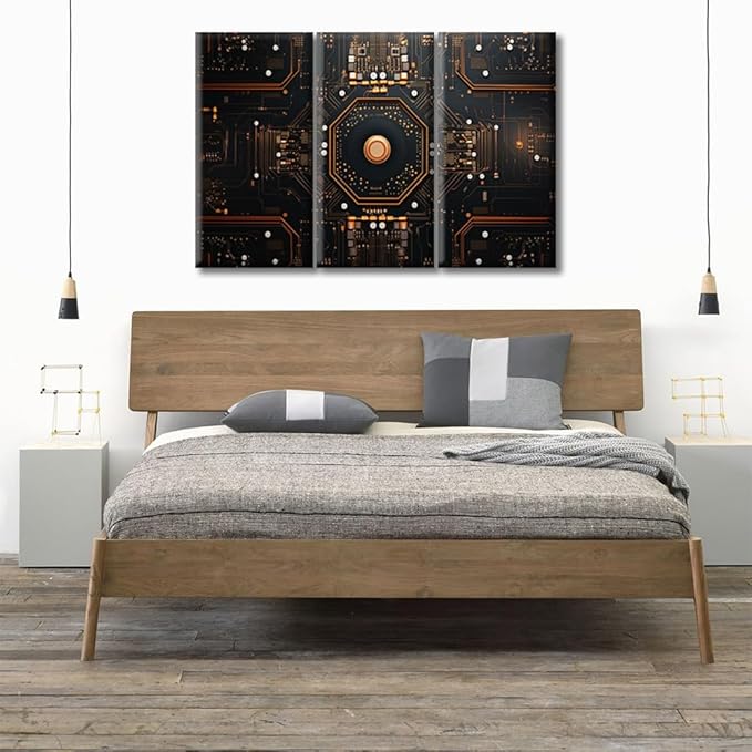 3 Panels Canvas Prints Circuit Board Pictures Wall Art Modern Home Decor Motherboard Digital Chip Poster Living Room Chip Bedroom Decoration Artwork Painting Framed Ready to Hang (36"Wx24"H)