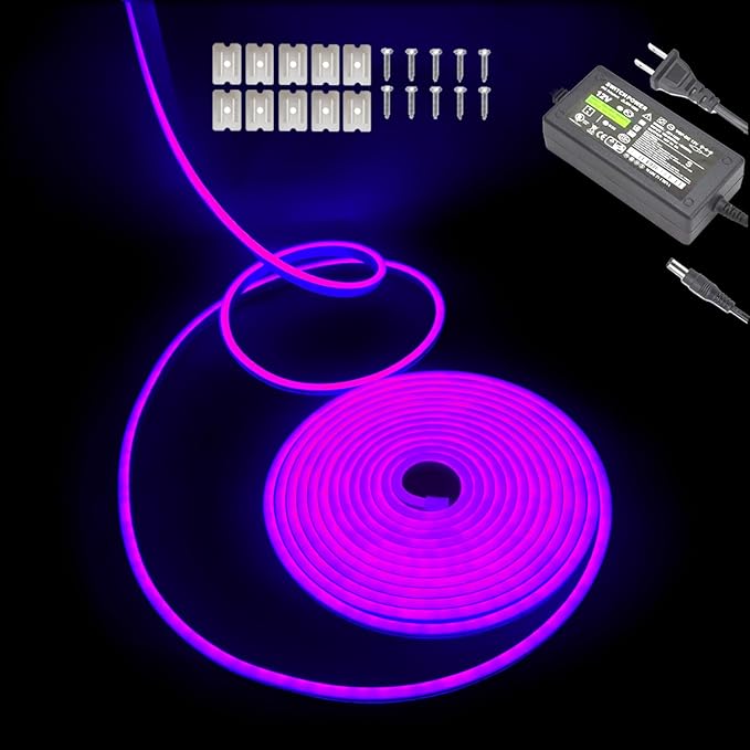 Purple Neon LED Strip Light, 16.4ft/5M Flexible Rope Light - 12V DC, 600 LEDs, Waterproof for Indoor & Outdoor Home Decor (Include Power Adapter)