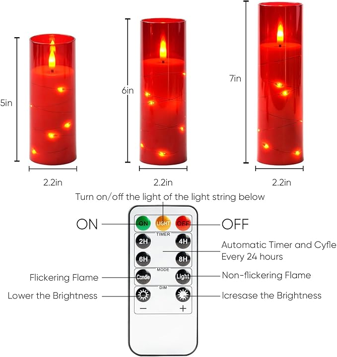 Homemory 12Pcs Flameless Candles with Star String Fairy Lights, Flickering Battery Operated Candles, LED Fake Candles with Remote and Timer, Christmas, Weddings, Home Decor, Red
