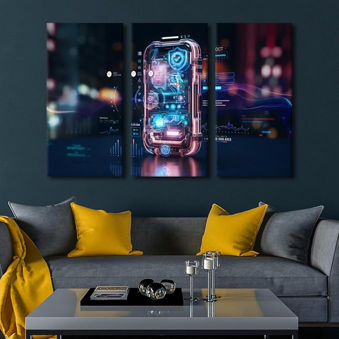 TUMOVO 3 Panel Canvas Wall Art Modern Art Smartphone Digital Identity and Cybersecurity of Personal Banking or Investment Safety Online Concept Picture Poster for Living Room Decorations, 60" Wx40 H