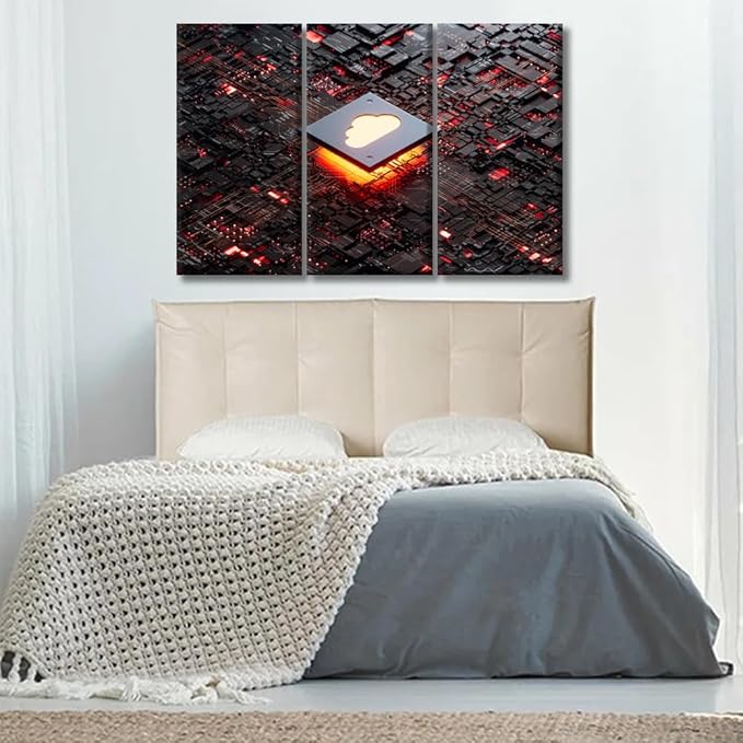 LSIUHWUWI Large Canvas Wall Art CPU Cloud Computing Picture Posters for Home Wall Decor, AI Pictures Print on Canvas Wall Art for Bedroom Office Wall Decor Framed Ready to Hang 20x40inchx3