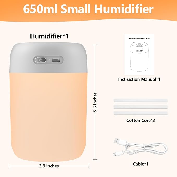 Portable Small Humidifier, 650ml Colorful Mini Humidifier for Bedroom, Office Desktop, Baby Room, Plants, Cool Mist Humidifiers(Light Gray)