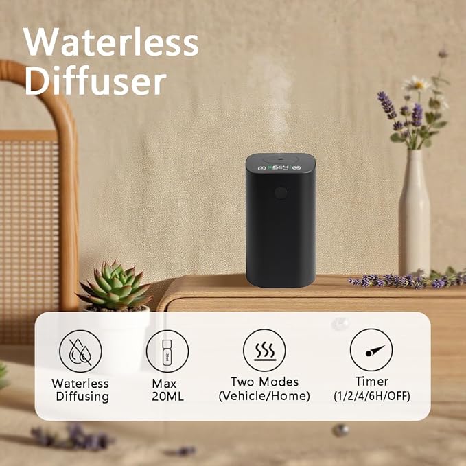 Waterless Diffuser for Essential Oil Rechargeable Scent Diffuser Machine, 0.7 Fl.Oz. 20mL Capacity, 4 Countdown Timers & 4 Mist Levels for Home, Room, Car, Office, Christmas Decorations Indoor, Black