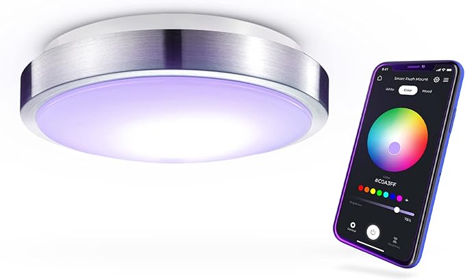 Globe Electric 60839 Wi-Fi Smart 11" Flush Mount Ceiling Light, Brushed Nickel, No Hub Required, Voice Activated, Energy Star, 16 W, Multicolor Changing RGB, White 2000K - 5000K, 1120 Lumens, 80 CRI
