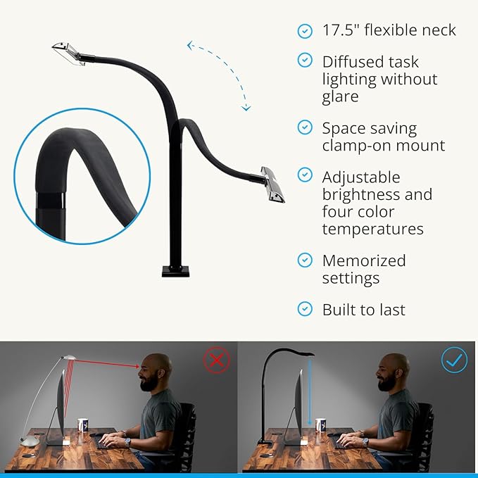UPLIFTDESK Sliding Flex Clamp Lamp – LED Office Desk Lamp with Clamp with 6 Brightness Levels and 4 Color Temperatures, Great Work from Home and Office Accessories (Black)