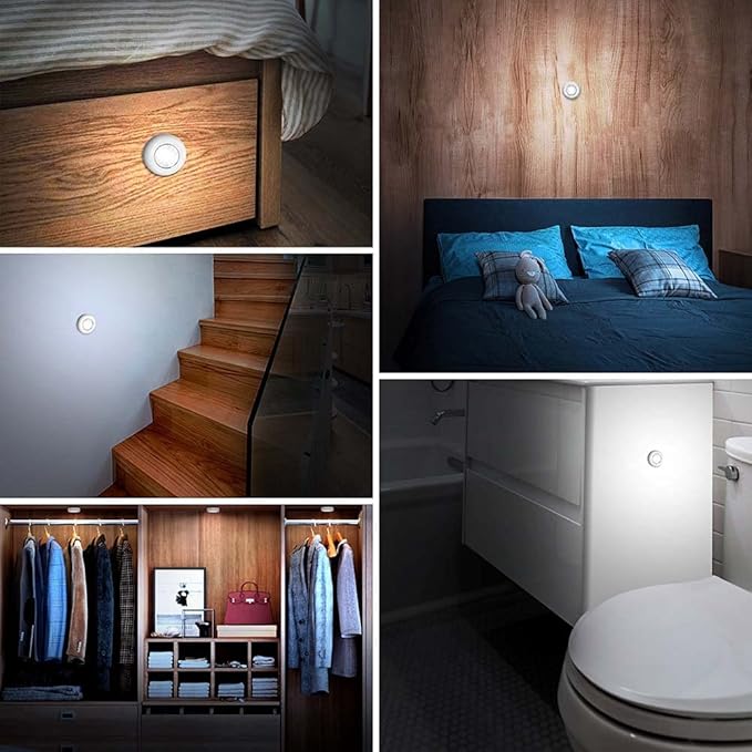 Under Cabinet Lighting, Tap Light Battery Operated LED Puck Lights Cordless Closet adhesive lights Stick on Lights Stick Anywhere for Kitchen Cabinets, Closets, Garage, Bookshelf and More, 4 Pack