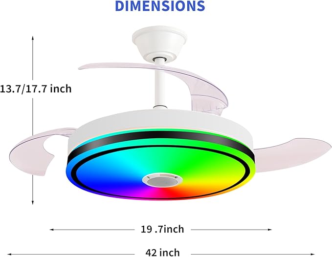 42'' Retractable Hanging Fan with Lights, Smart Fan Light with Bluetooth Speaker, App Control for Dimming & RGB Color Change Reversible Bedroom Living