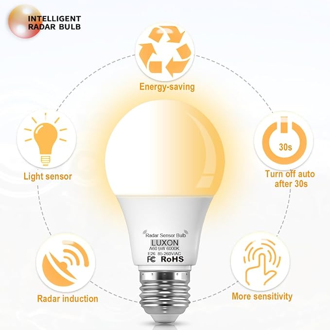LUXON Radar Motion Sensor Light Bulbs,Dusk to Dawn LED Bulbs 9W 6000K Cool White,A19 E26 Base Night Lights Auto On/Off for Indoor Outdoor Basements, Porch,Courtyards, Garage Pack of 2