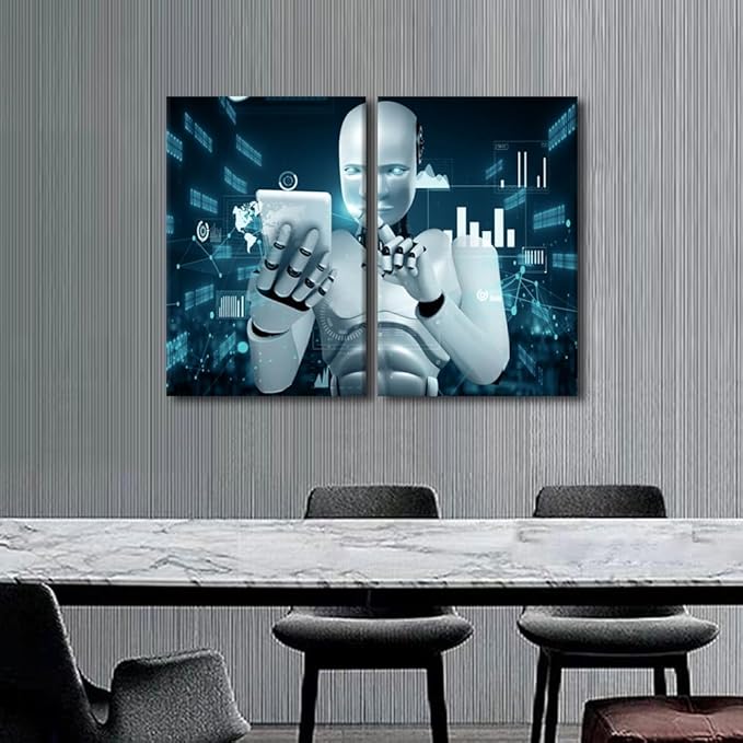 3 Pieces AI Intelligence Wall Art for Living Room Paintings on Canvas Robot Pictures Modern Artwork Home Decor Giclee Framed Stretched Ready to Hang Posters and Prints, 24" Wx16 H
